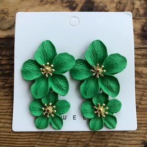 Hibiscus Jungle Green Double Flower Earrings CUTE!